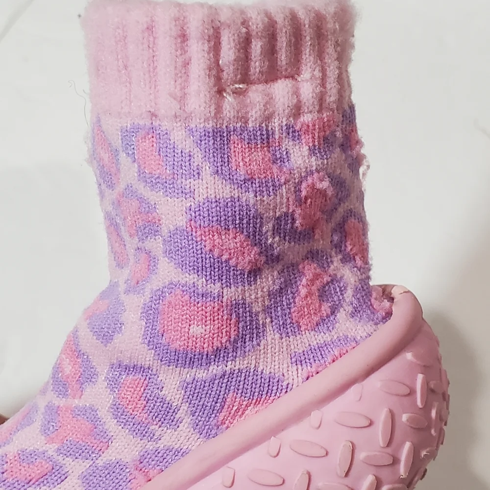 Lily & Dan Pink Purple Leopard Print Rubber Grip Slipper Socks Shoe Size 18-24M